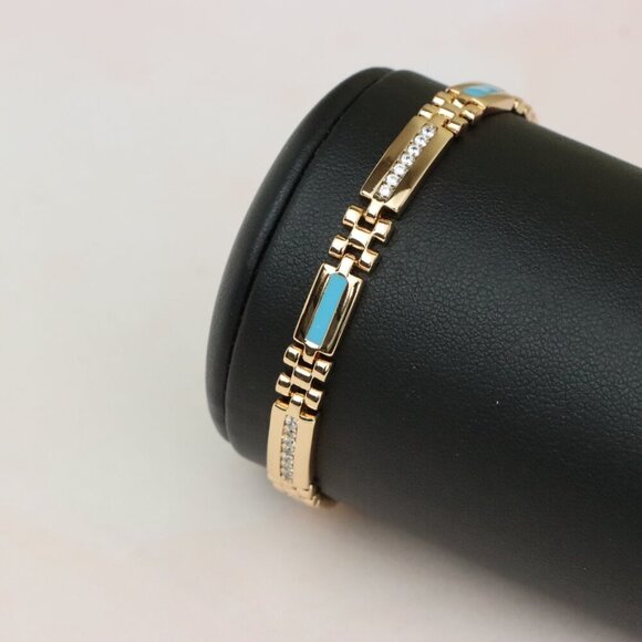 "Elegant Rose Gold Bracelet with Blue Enamel and CZ Accent Links, XPBL0738 - Picture 8 of 12